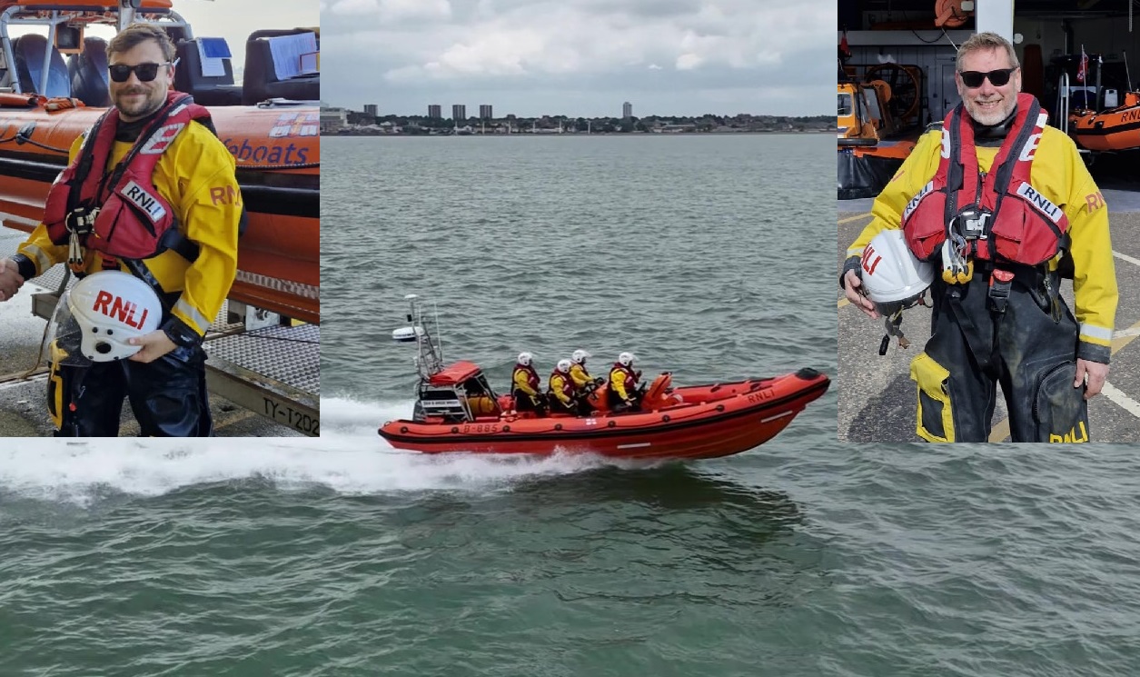 A photo of B-885 heading out to sea with inset photos of Tyler (left) Chris (right)