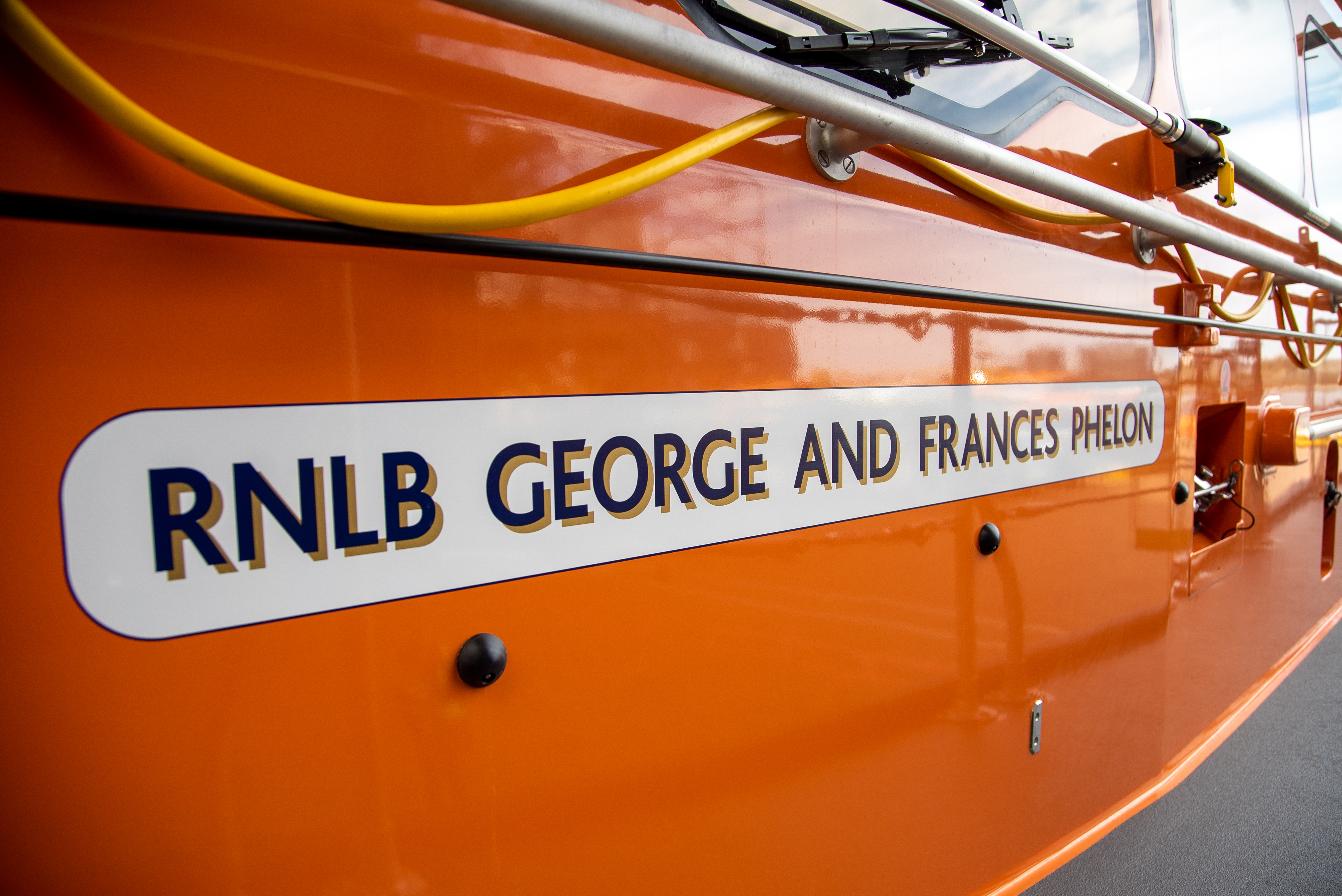 Decal of the lifeboat name on the side of the Great Yarmouth and Gorleston Shannon class lifeboat George and Francis Phelon 13-44