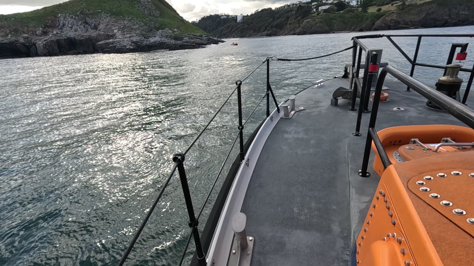 View of Thatcher Rock with D-class Inshore lifeboat taken from Torbay's All-Weather lifeboat