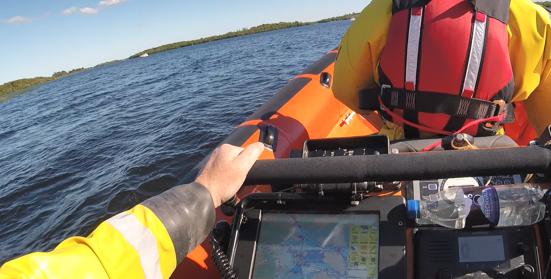 Photograph taken from head camera on board Carrybridge Lifeboat making way to a rescue.