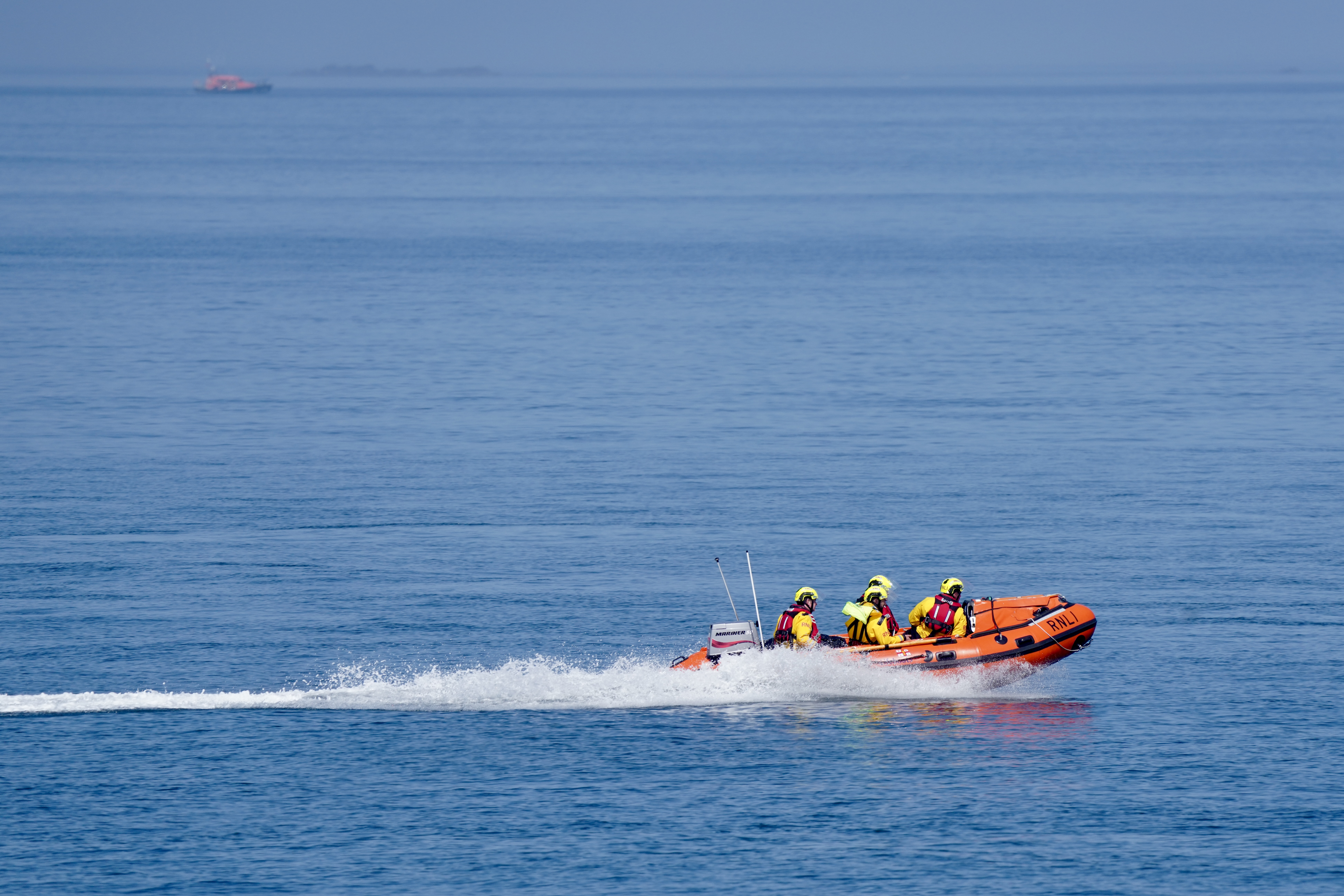 Larne RNLI's inshore lifeboat Terry returning to the station following today's rescue. Larne's all-weather lifeboat Machiko Nancy can be seen in the background.