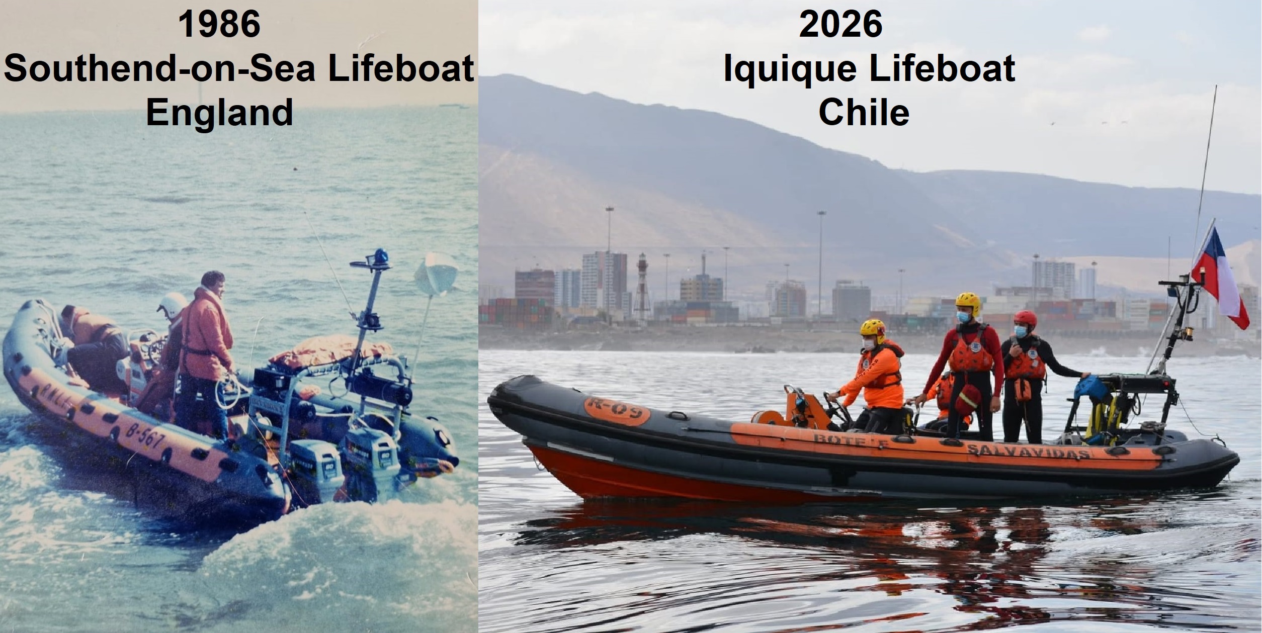 B-567 Percy Garon II first day at Southend RNLI and the present day as R-9 in Iquique Chile