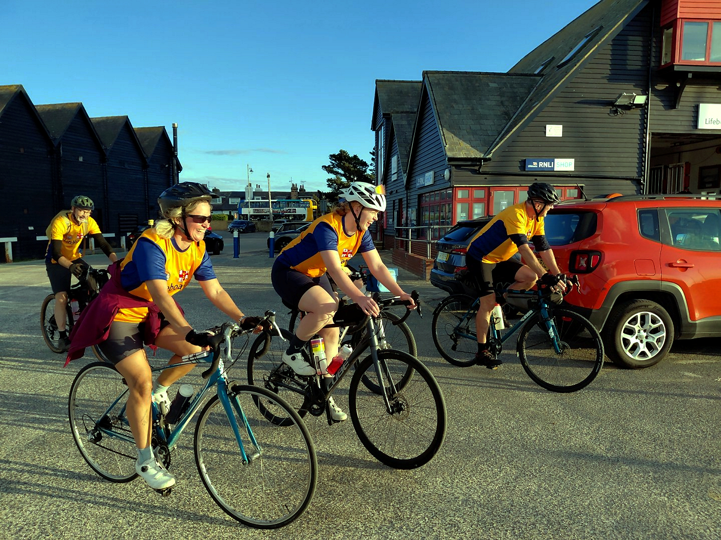 RNLI Volunteers taking part in the Tower RNLI Cycle Challenge with fellow lifeboat volunteers at Whitstable RNLI on Thursday evening.