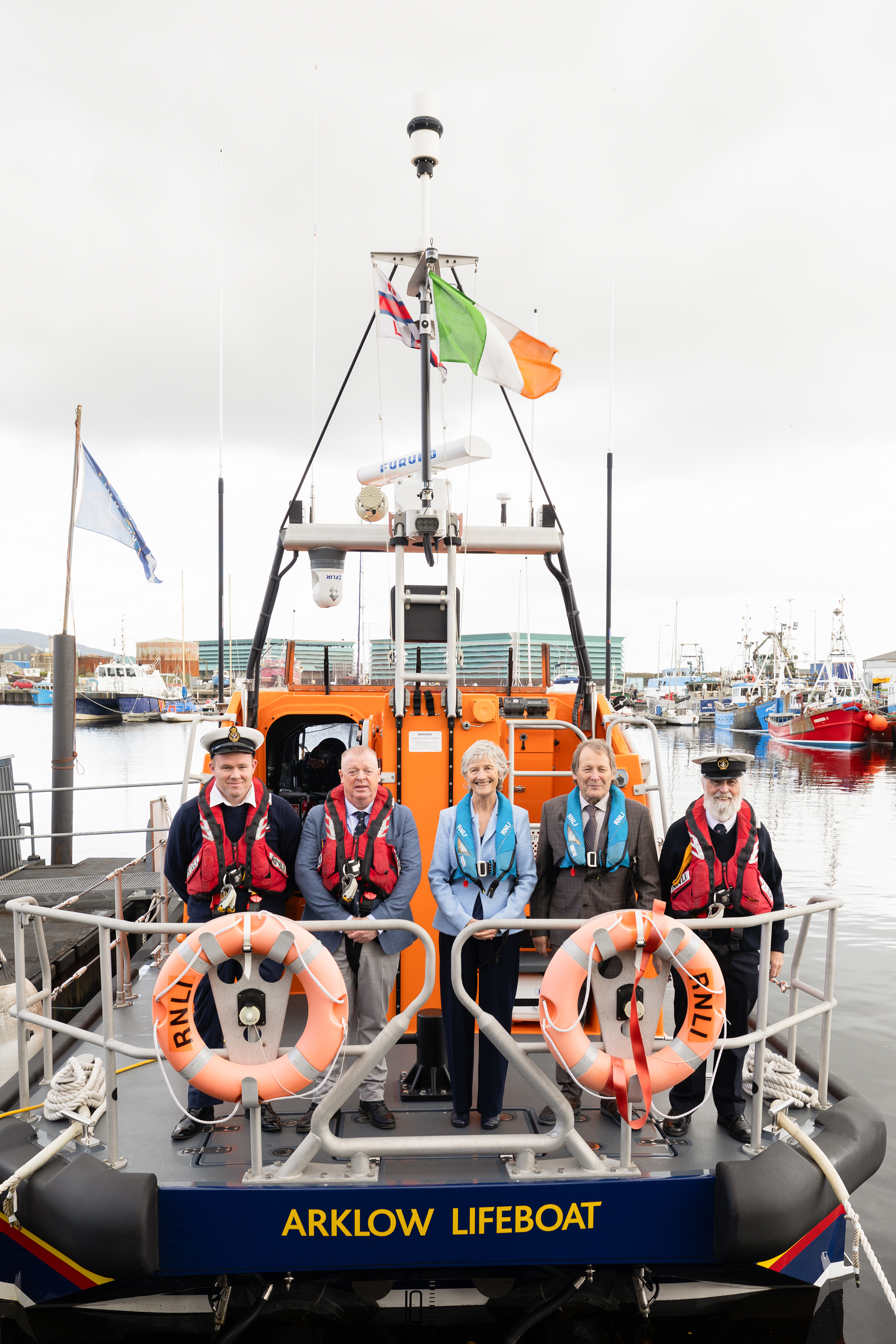 L-R Station Technician James Russell, Lifeboat Operations Manager John Bermingham, President Catherine Connolly, Mr. Brian McEnery and Coxswain Ned Dillion