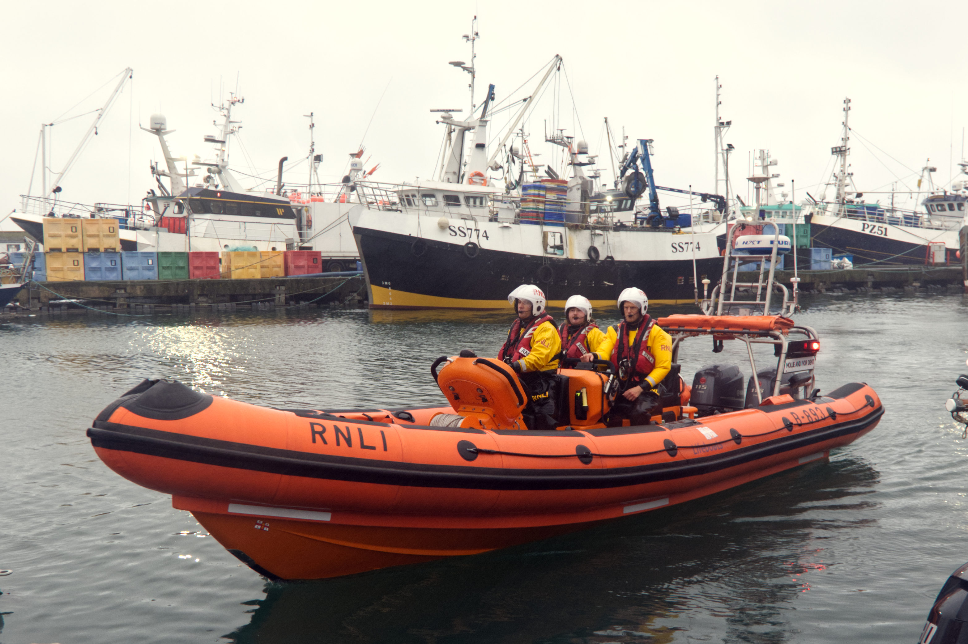 Picture shows a lifeboat in harbour upon return from a rescue