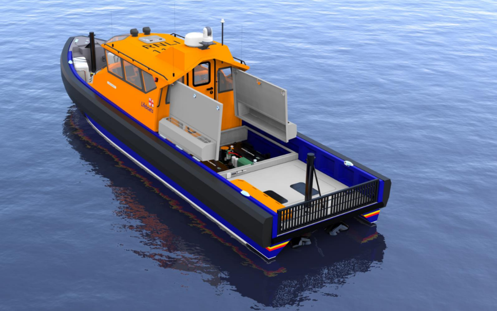 View of the stern of the new RNLI Coastal Lifeboat design.