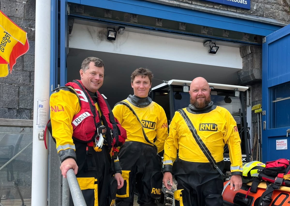 (L-R) Fellow lifeboat crew volunteer Will Thomas with Eddie and Aled Williams (Coastal Training Lead)
