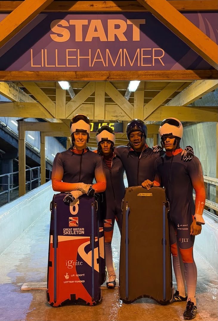 Eddie (far left) with his fellow skeleton athletes at ice track