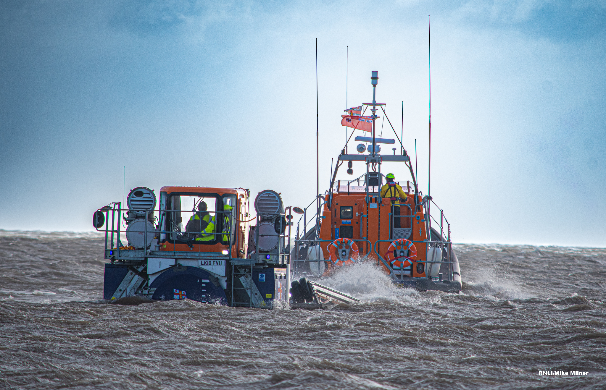Bridlington RNLI all-weather boat Antony Patrick Jones launches into Storm Boelo.