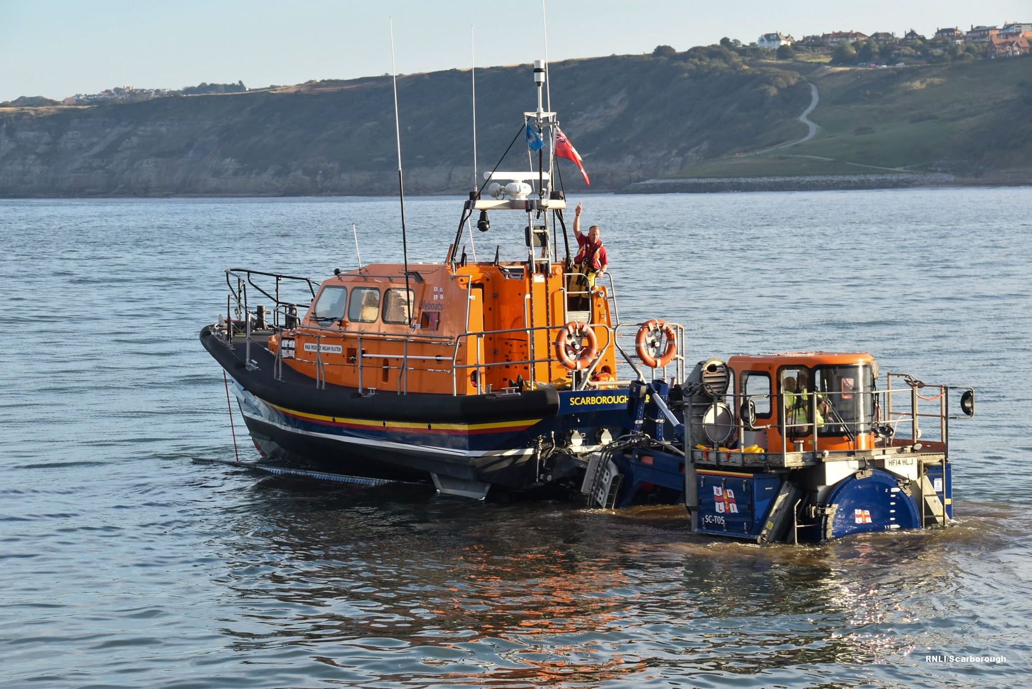 Scarborough RNLI all-weather boat Frederick William Plaxton preparing to launch.
