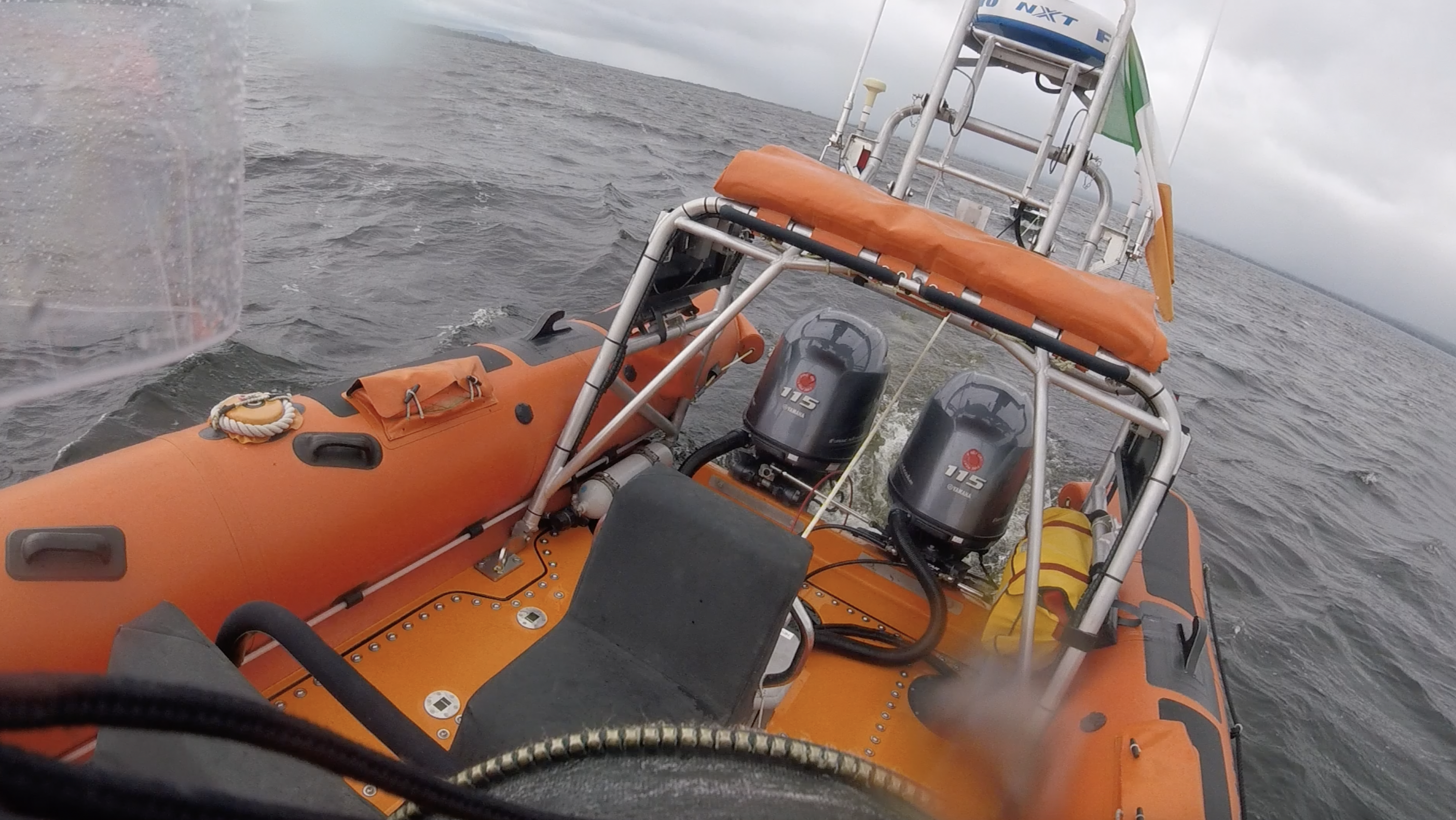 View over the stern of the lifeboat with the towing line through the A-frame of the lifeboat