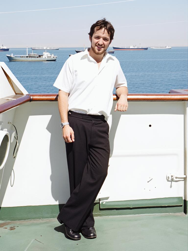 Chris Irvine at nineteen years-old when he was a navigation cadet on the Loch Lomond, at the mouth of the Shat-Al-Arab river awaiting transit up river to Khoramshar. The ship was carrying a cargo of frozen lamb from New Zealand