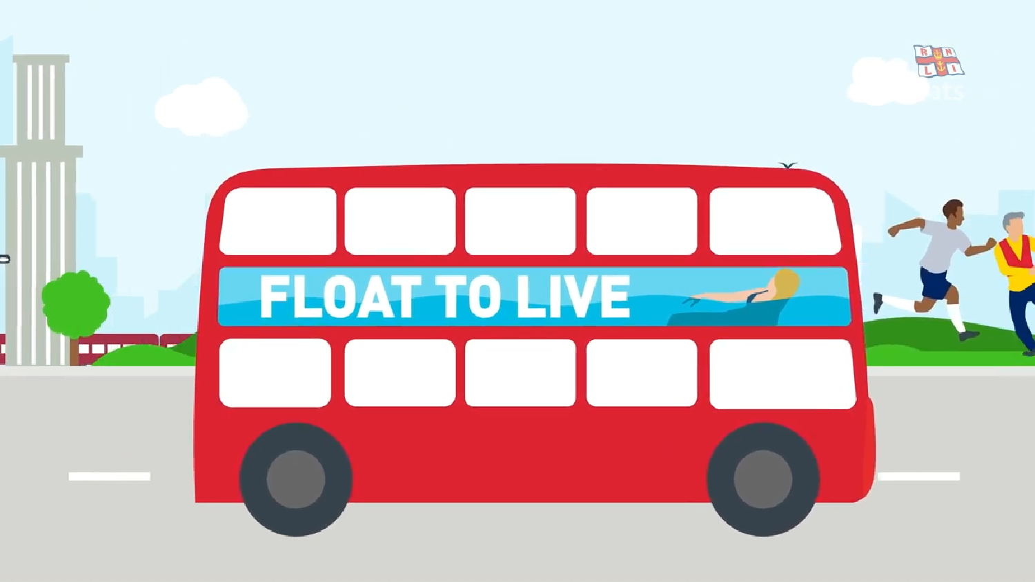 An illustration of a red double decker bus displaying a Float to Live message.