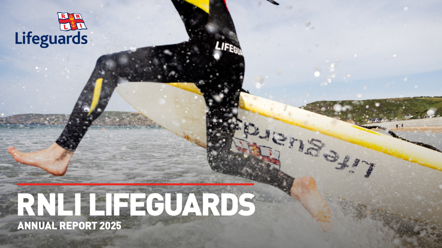 A lifeguard in a wetsuit jumping from a surfboard into the ocean, with the RNLI logo and Annual Report 2025 text overlaid at the bottom.