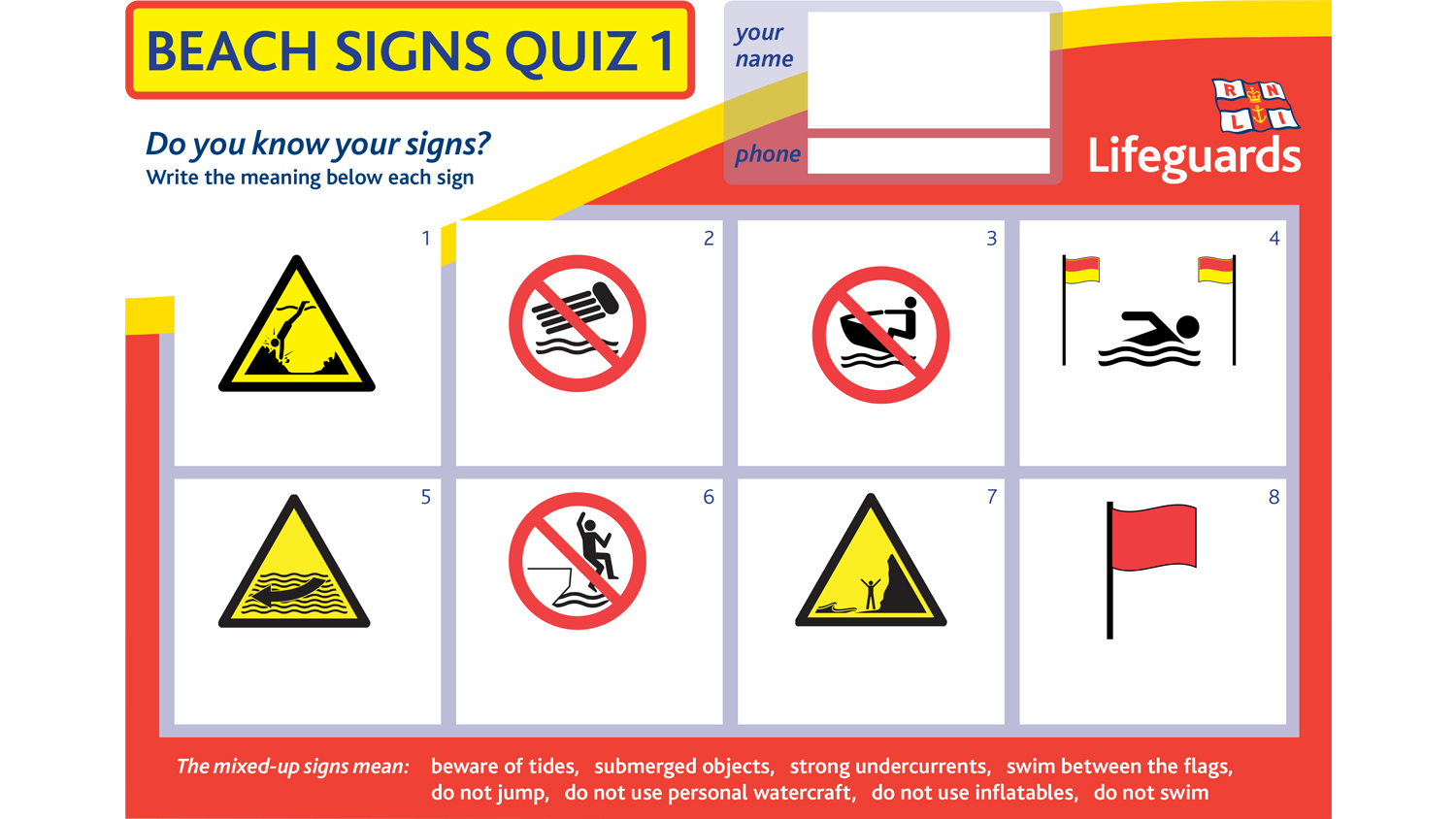 Beach signs quiz poster
