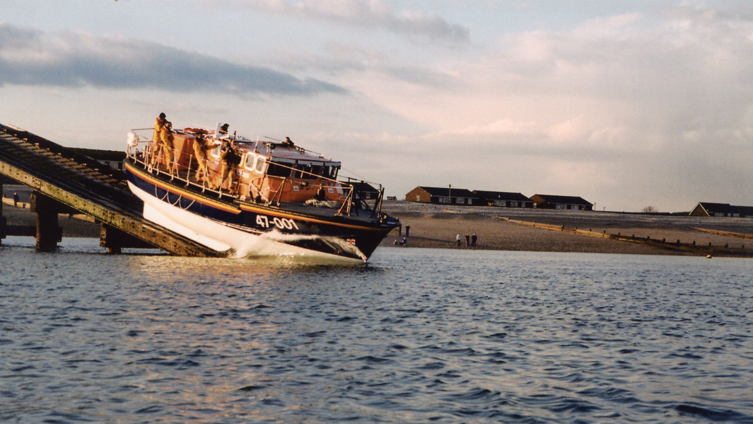 Selsey RNLI's first Tyne class lifeboat, City of London, launching down the slipway.