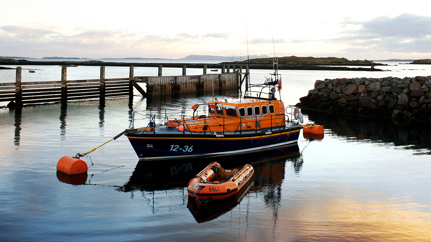 Leverburgh RNLI’s Mersey class lifeboat, The Royal Thames 12-36, moored at the station
