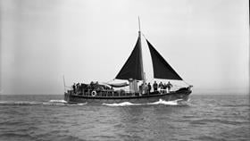 Black and white image of Padstow lifeboat, Princess Mary, while on trials