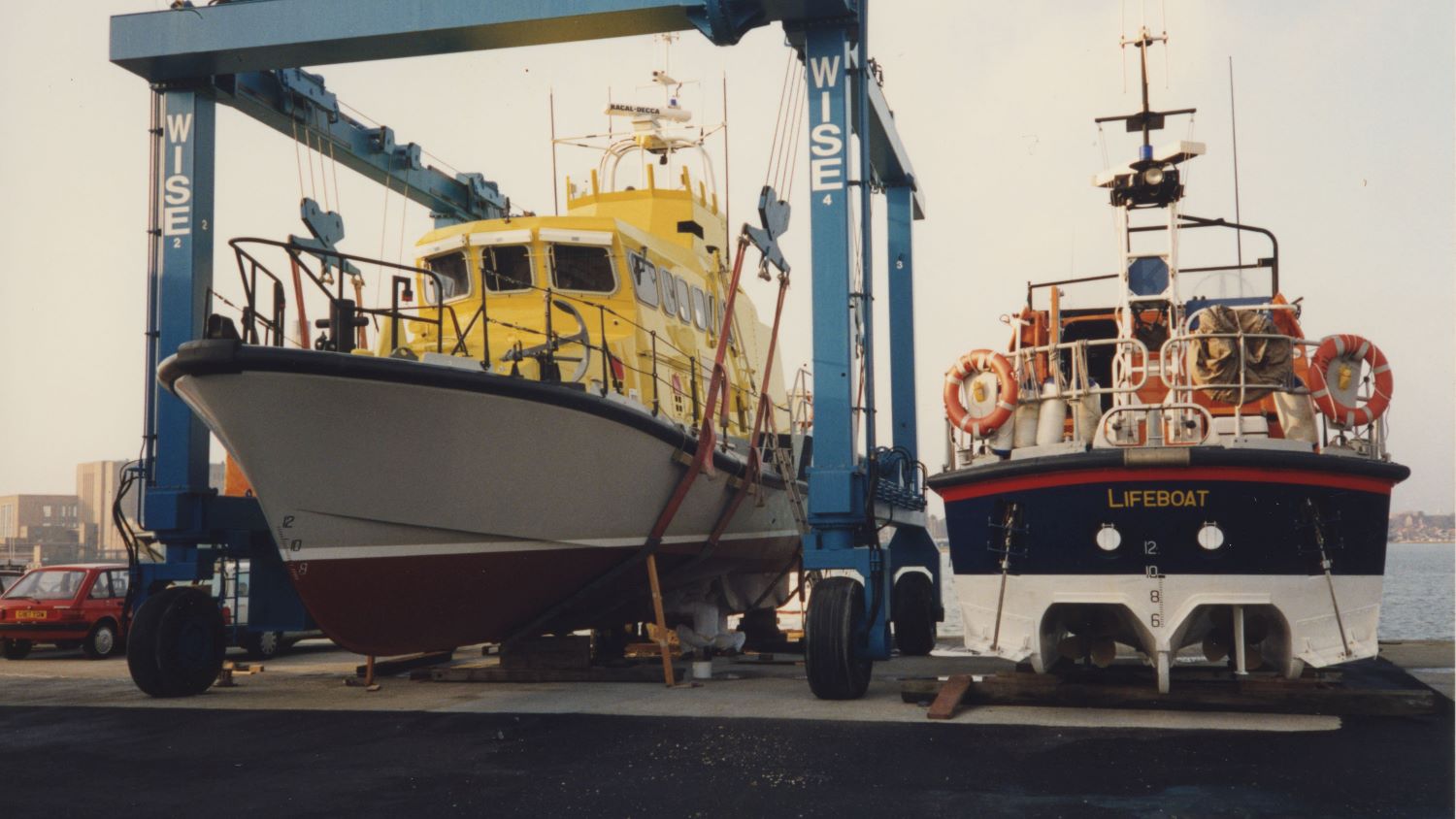 Colour image of all-weather lifeboat in boat lift