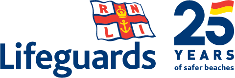 Blue lifeguards 25 logo, featuring the RNLI flag and the text 25 years of safer beachers