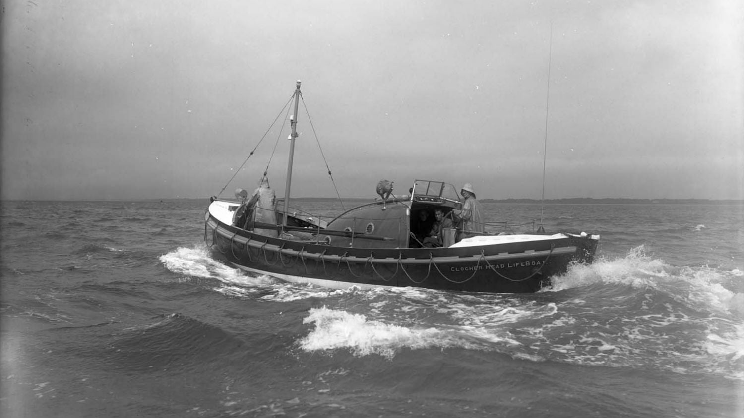 Black and white image of Clogher Head lifeboat from the stern, George and Caroline Ermen, while on trials