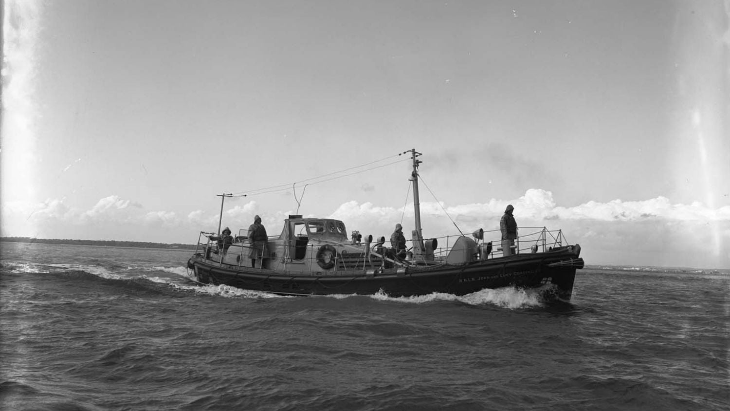 Black and white image of Helvick Head lifeboat, John and Lucy Cordingley, while on trials