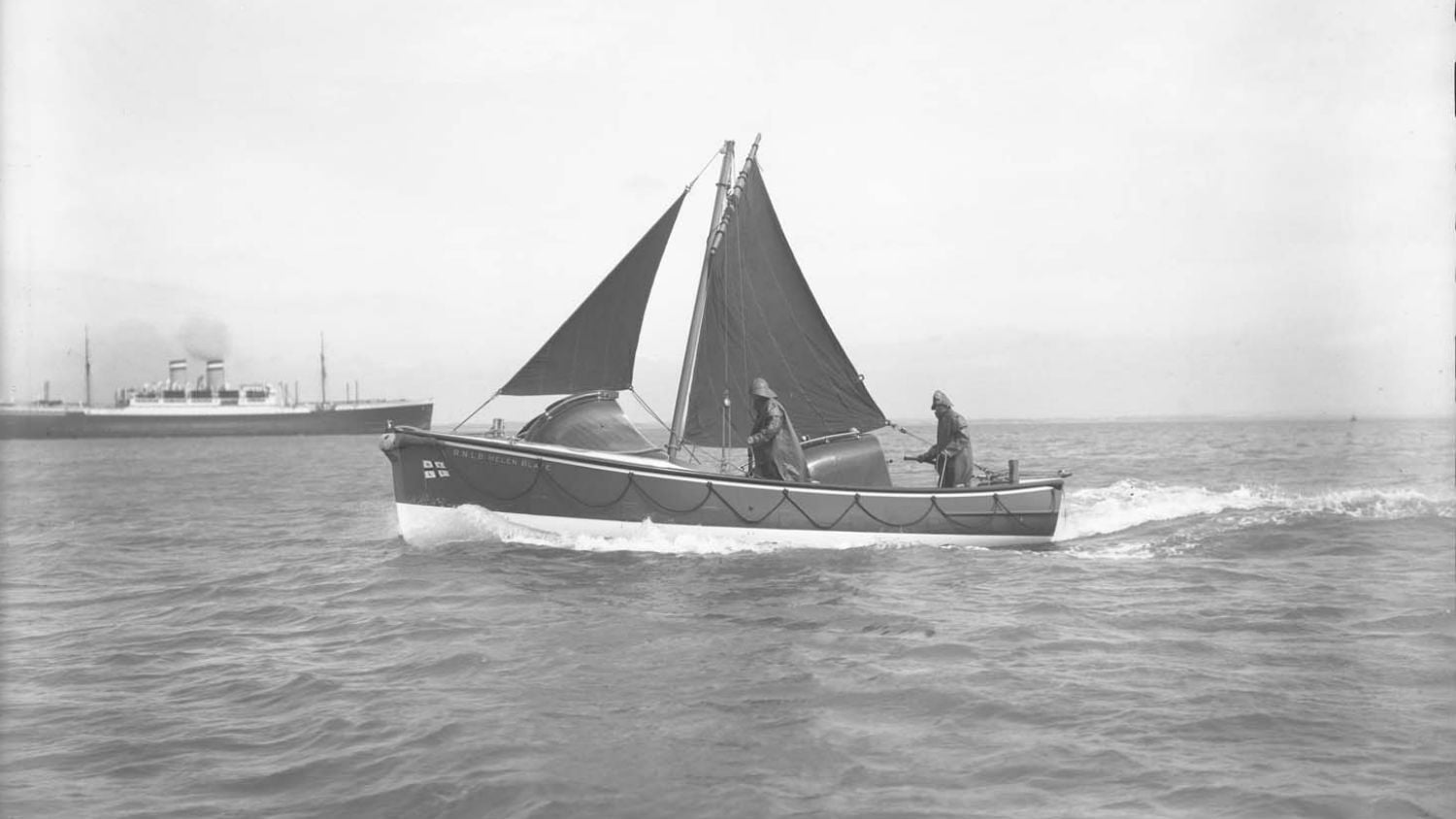 Black and white image of Poolbeg lifeboat, Helen Blake, while on trials, while on trials