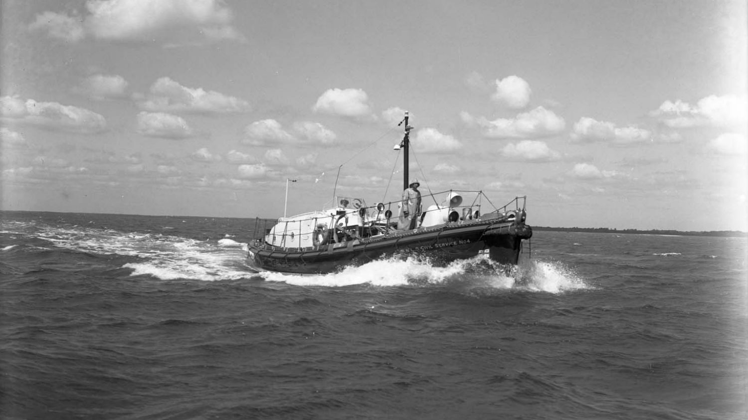 Black and white image of Portrush lifeboat, Lady Scott (Civil Service No.4), while on trials