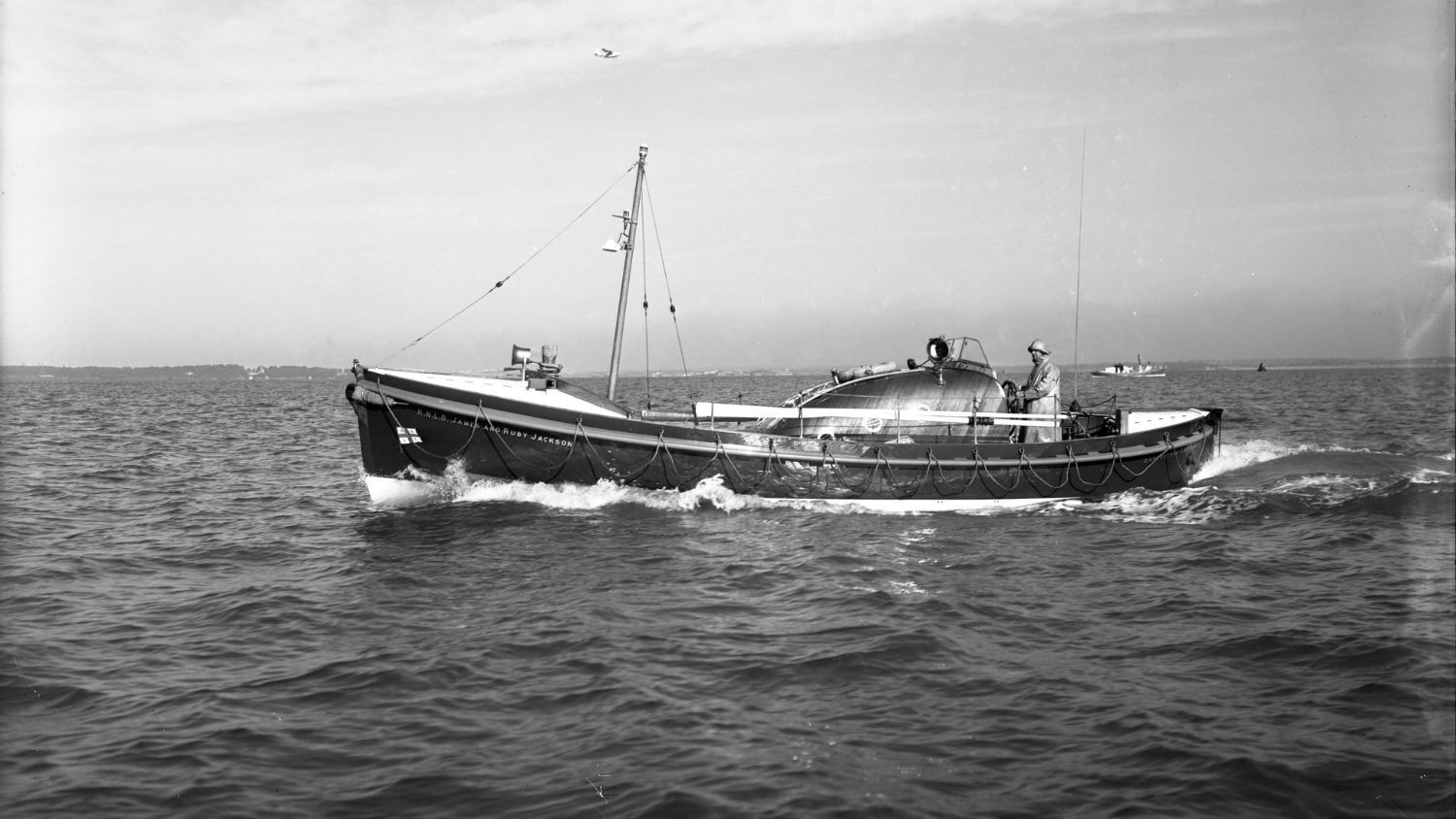 Black and white image of Anstruther lifeboat, James and Ruby Jackson, while on trials