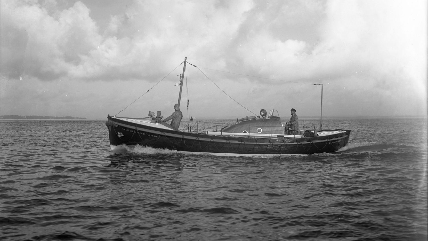 Black and white image of St Abbs lifeboat, JB Couper of Glasgow, while on trials