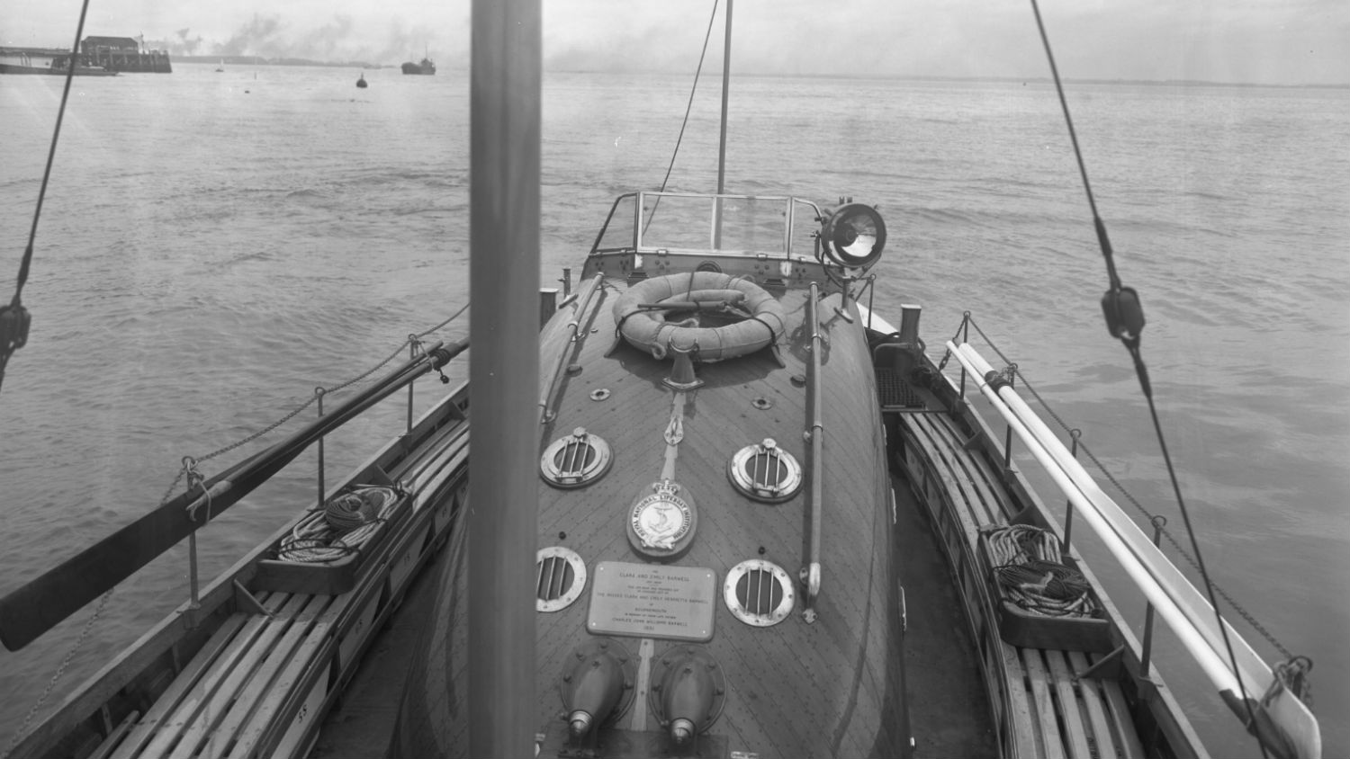 Black and white image of the Eyemouth lifeboat deck, Clara and Emily Barwell, while on trials