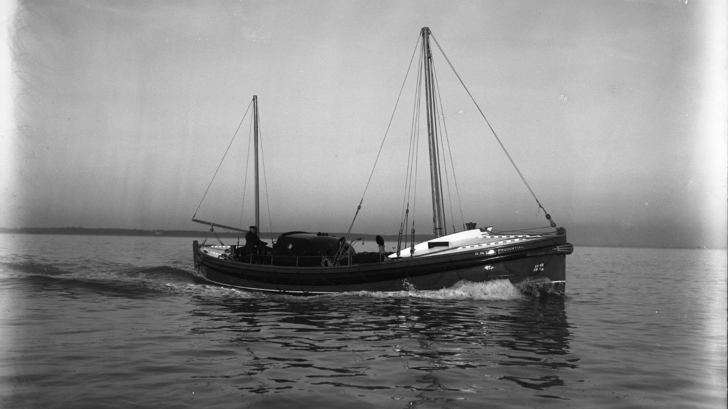 Black and white image of Ramsgate lifeboat, Prudential, while on trials