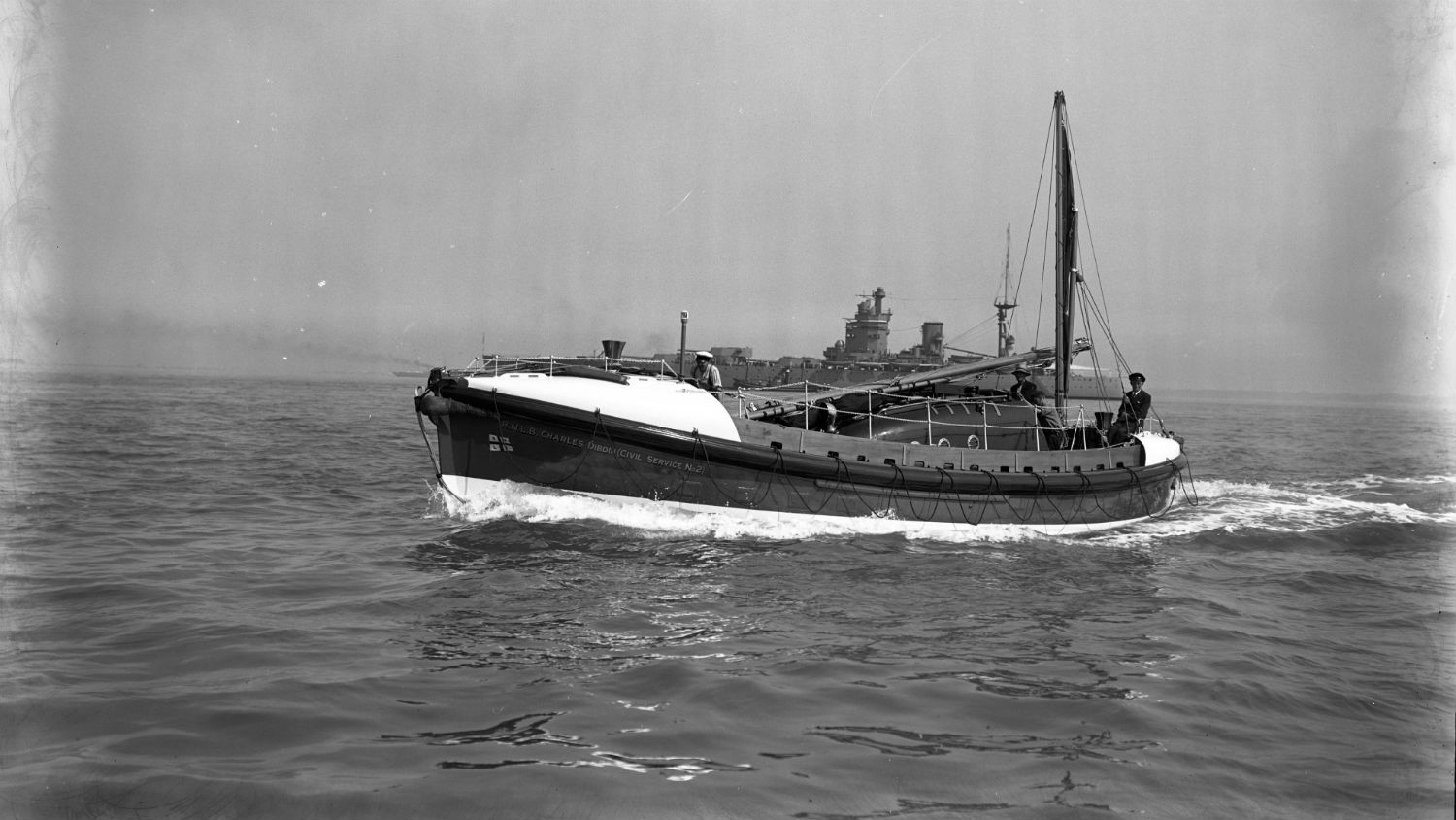 Black and white image of Walmer lifeboat, Charles Dibdin Civil Service No.2, while on trials
