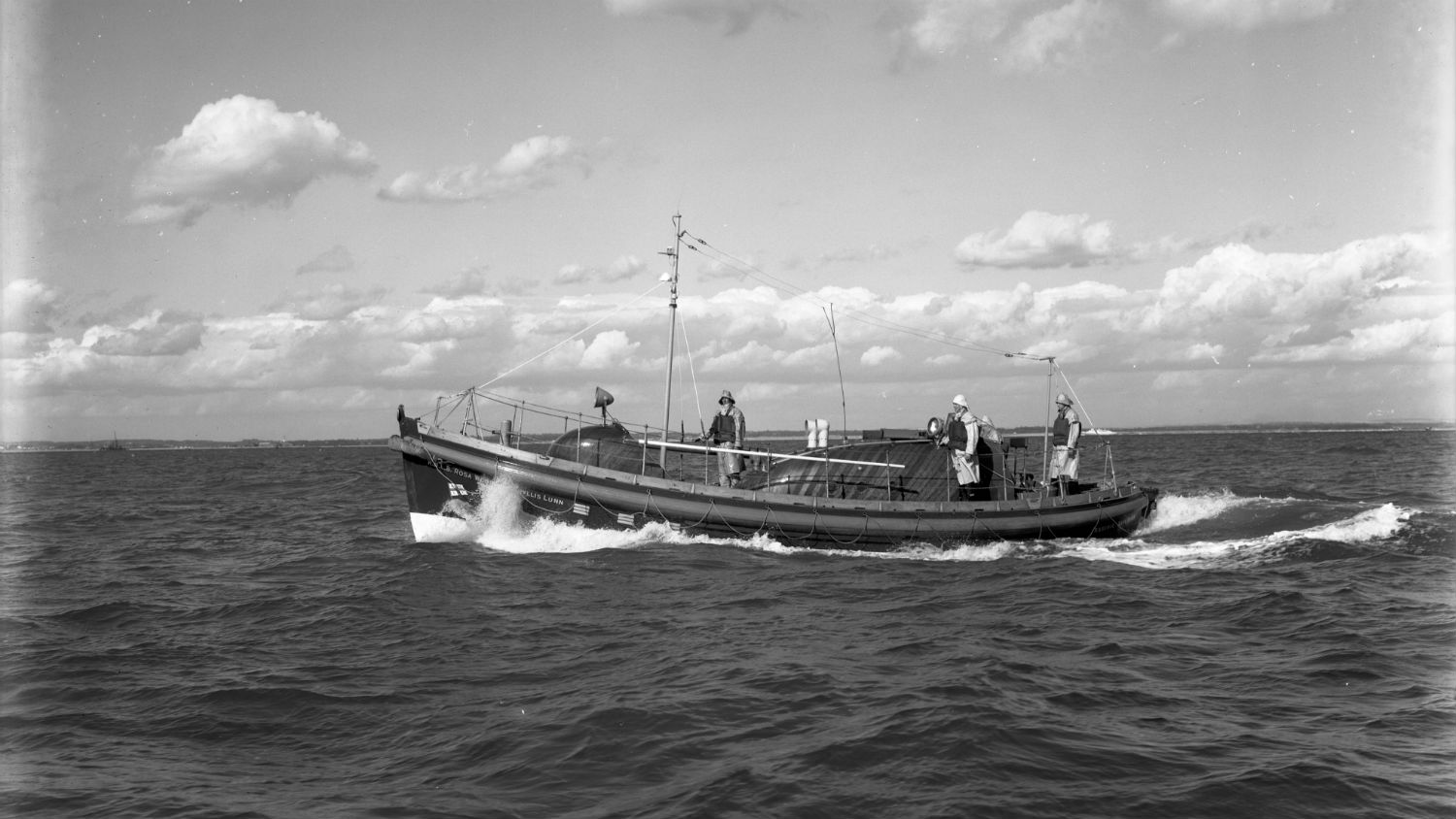 Black and white image of Reserve lifeboat (Shoreham), Rosa Wood and Phyllis Lunn, while on trials (Photo 2)