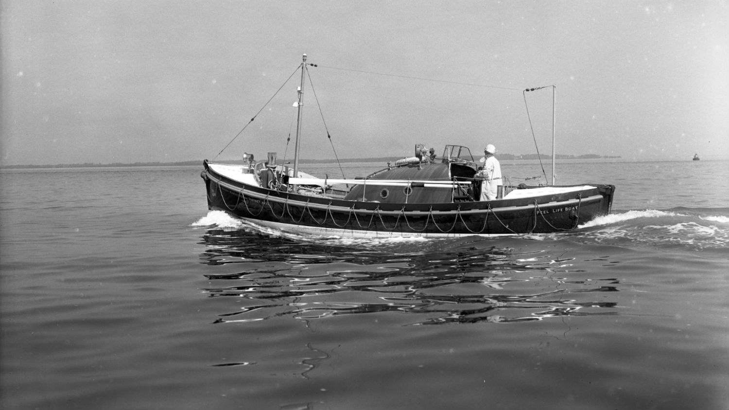 Black and white image of Peel lifeboat, Helena Harris, Manchester and District, while on trials
