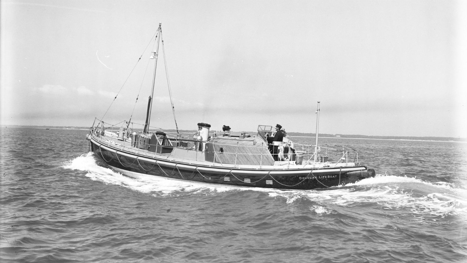 Black and white image of Douglas lifeboat, Millie Walton, while on trials