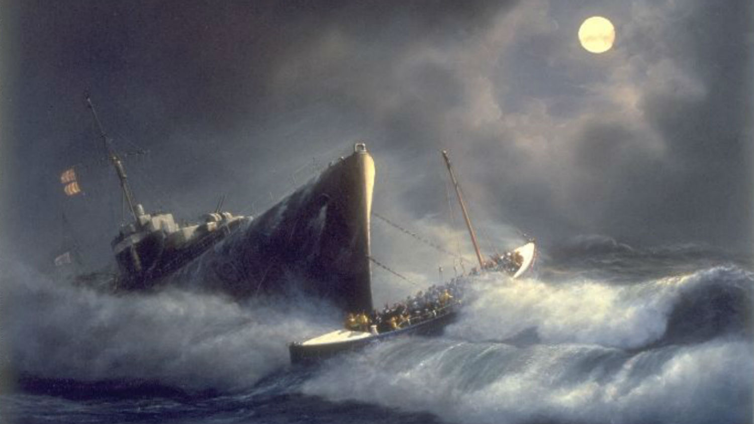 Painting of the Chebogue rescue in 1944: Lifeboat crew from The Mumbles aboard Edward, Prince of Wales rescued 42 crew members from the Chebogue during hurricane conditions. Artist unknown.