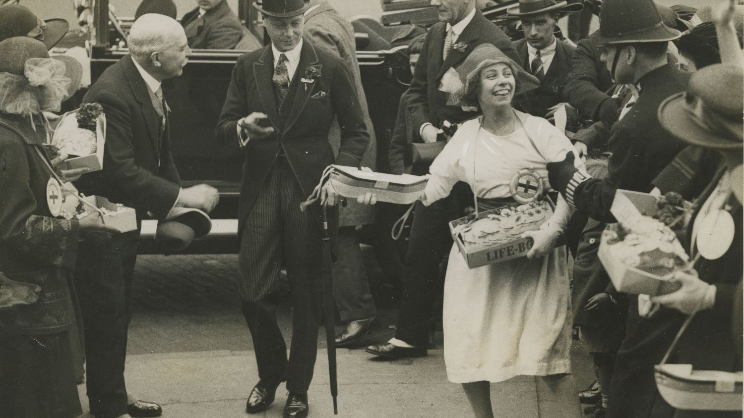 Black and white image of street collector approaching Edward, Prince of Wales