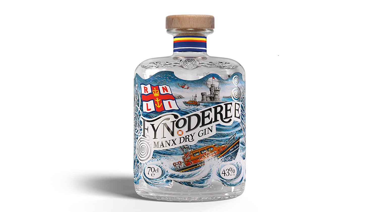 A bottle of Fynoderee Manx Dry Gin, illustrated with an RNLI lifeboat and waves
