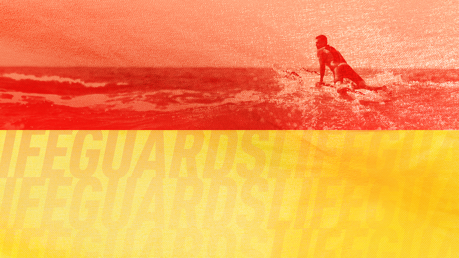 Lifeguard on a rescue board - the whole image has been coloured red and yellow like a beach flag.