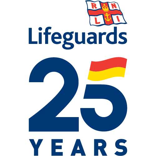 Blue coloured text version of the RNLI Lifeguards 25 years anniversary logo