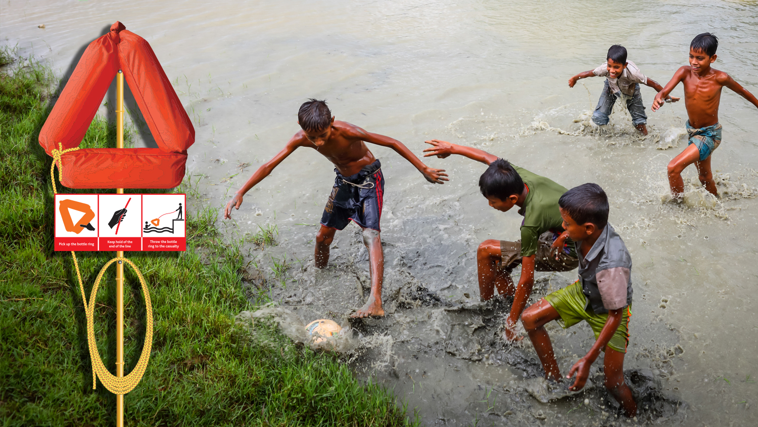 Bangladesh boys playing football in river with Bottle Ring on stand, with instructions