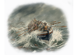 Painting style image of women rowing an open lifeboat.