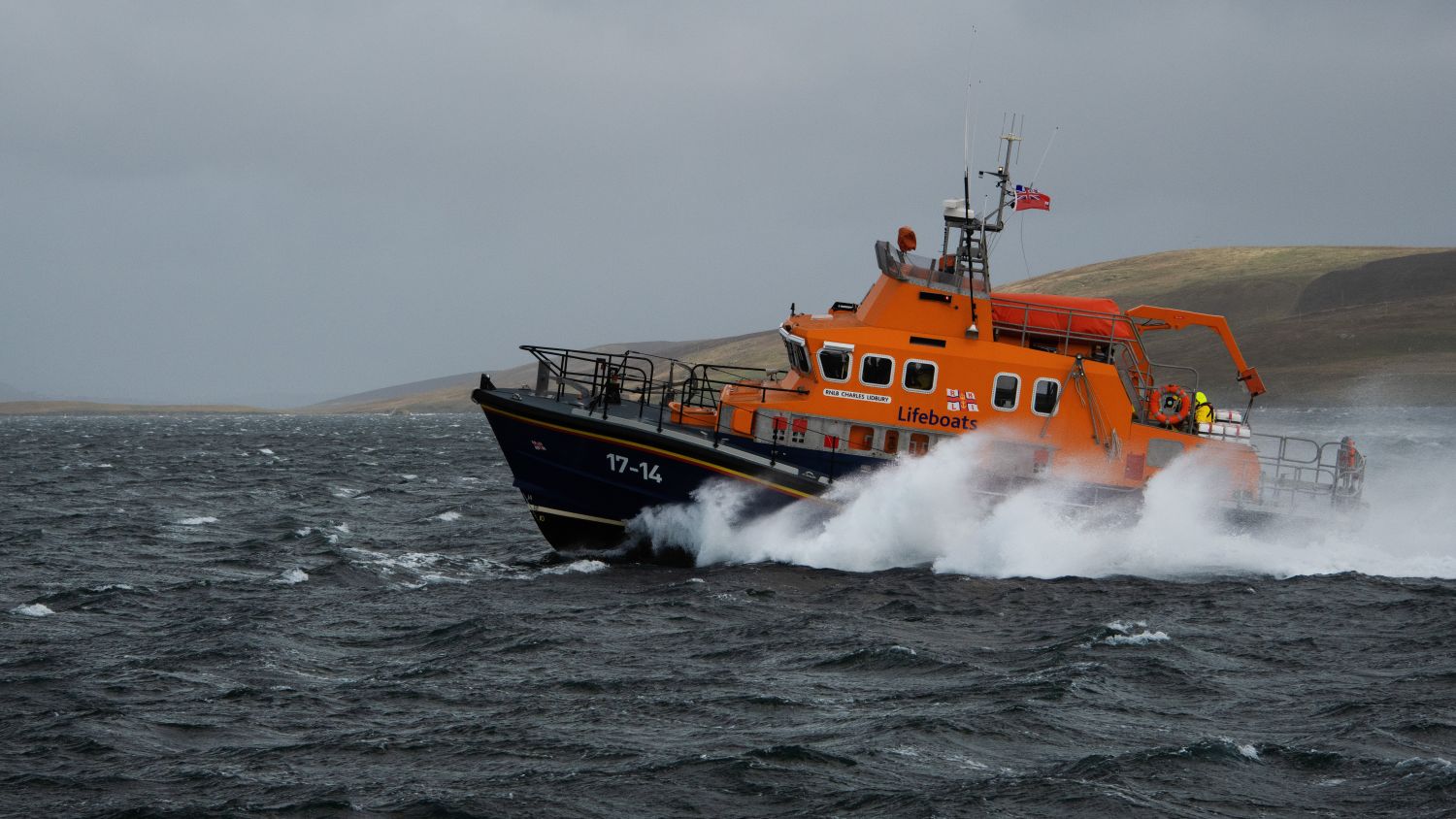 Aith Severn class lifeboat Charles Lidbury 17-14 at sea in rough weather during a training exercise