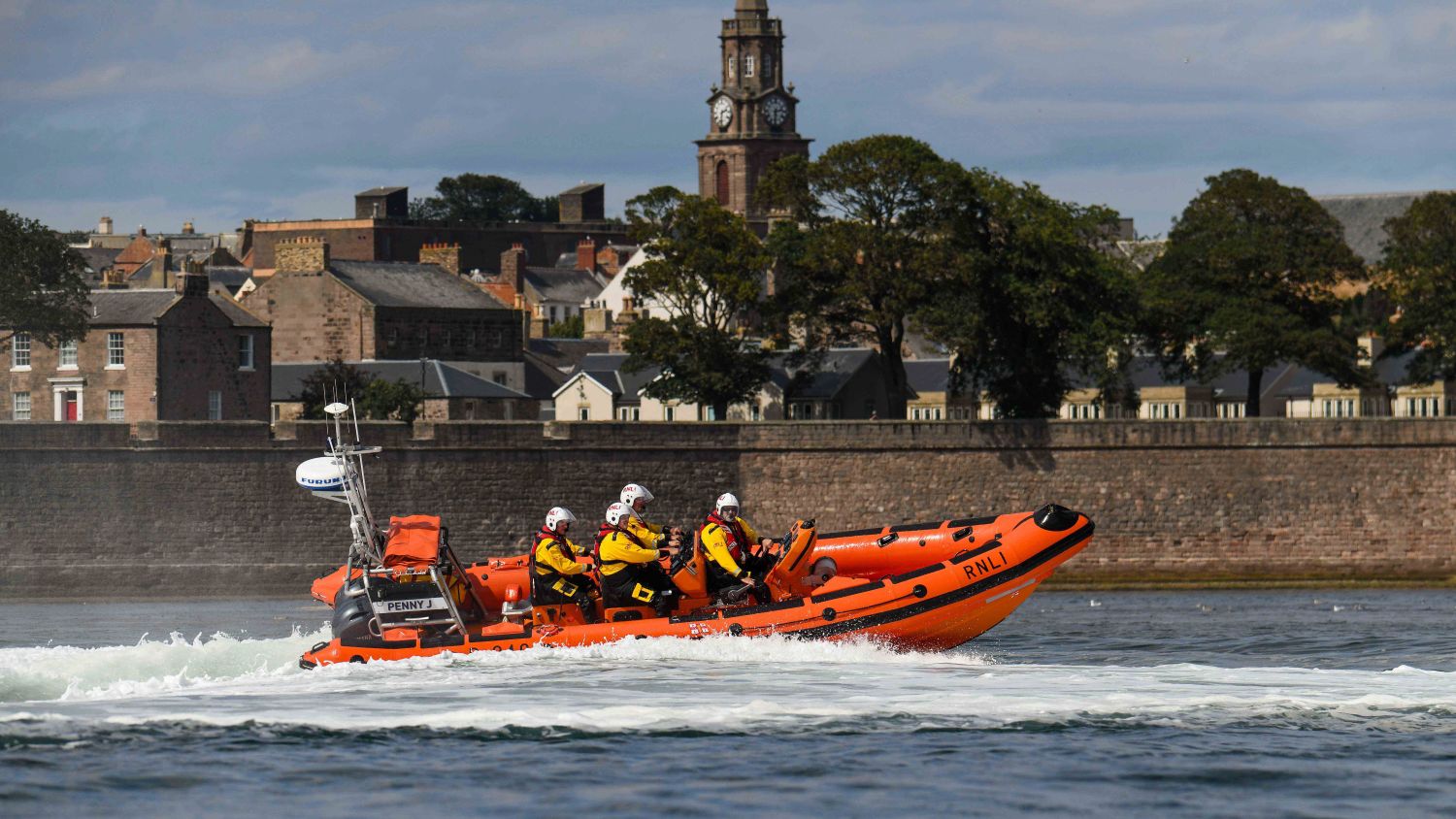 Berwick-upon-Tweed B class lifeboat Penny J at sea during a training exercise.