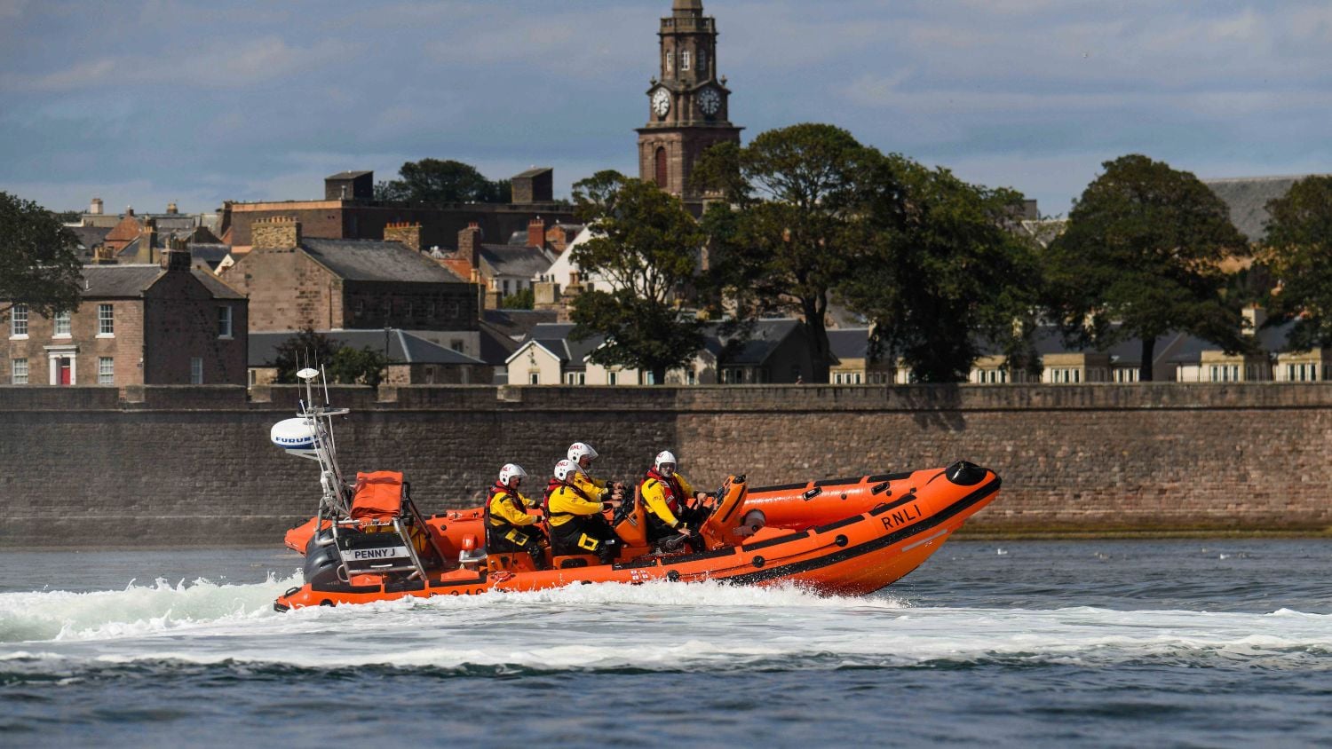 Berwick-upon-Tweed B class lifeboat Penny J at sea during a training exercise.