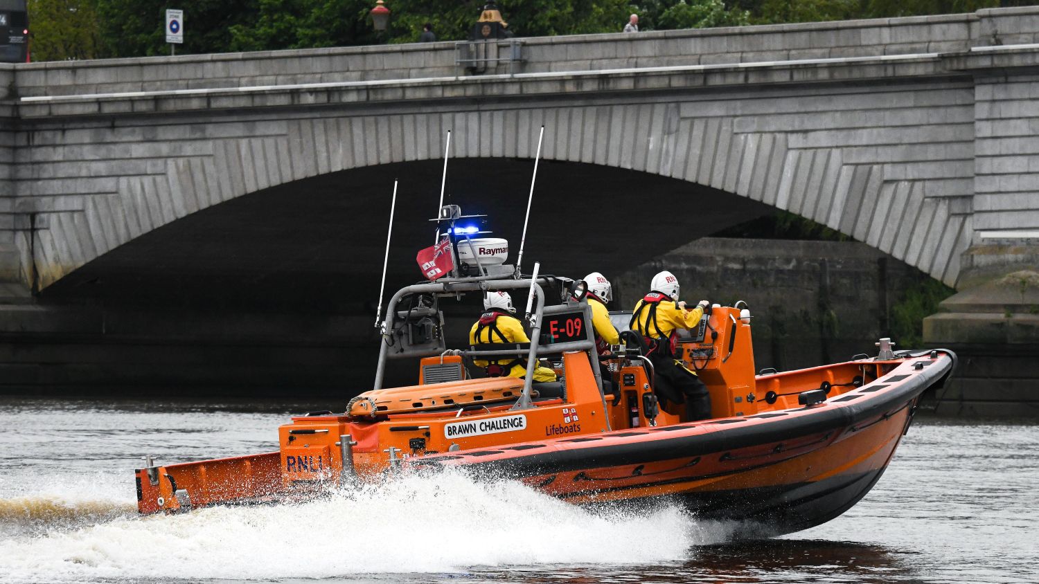 Chiswick E-class lifeboat Brawn Challenge E-09 during a training exercise on the River Thames.