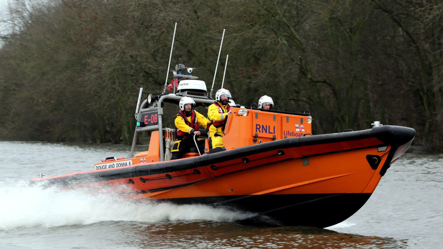 Chiswick E-class lifeboat Dougie and Donna B E-08 on the River Thames during a training exercise.