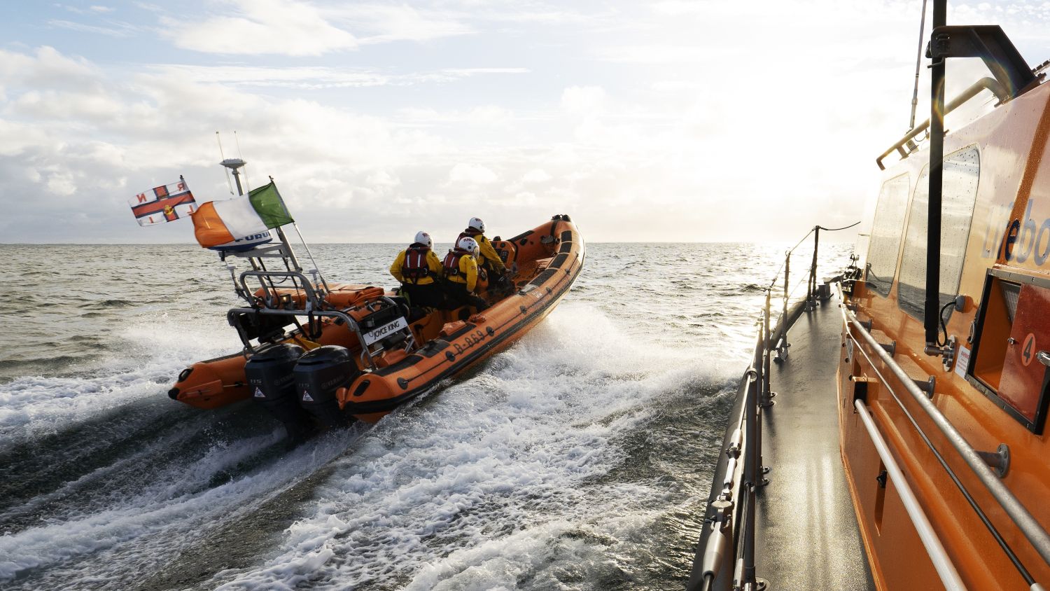 Clifden lifeboat B-869 Joyce King seen from the St Christopher lifeboat at sea