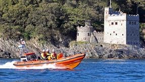 Relief Atlantic 85 inshore lifeboat Norma Ethel Vinall B-825 at Dart, at sea during a training exercise.